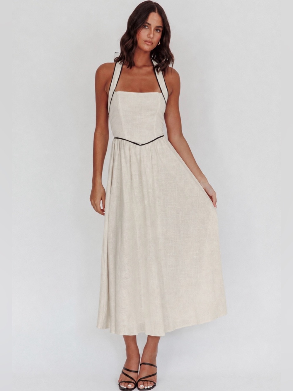NWT Basque Waist Linen Blend Halter Maxi Midi Dress White Closet Selfie Leslie L